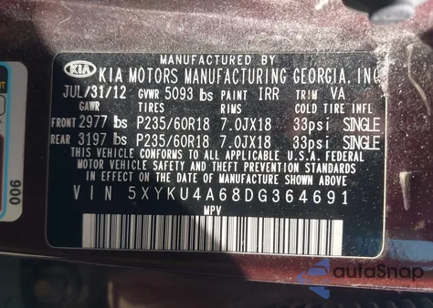 2013 Kia Sorento Ex z USA, uszkodzony, nr VIN 5XYKU4A68DG364691